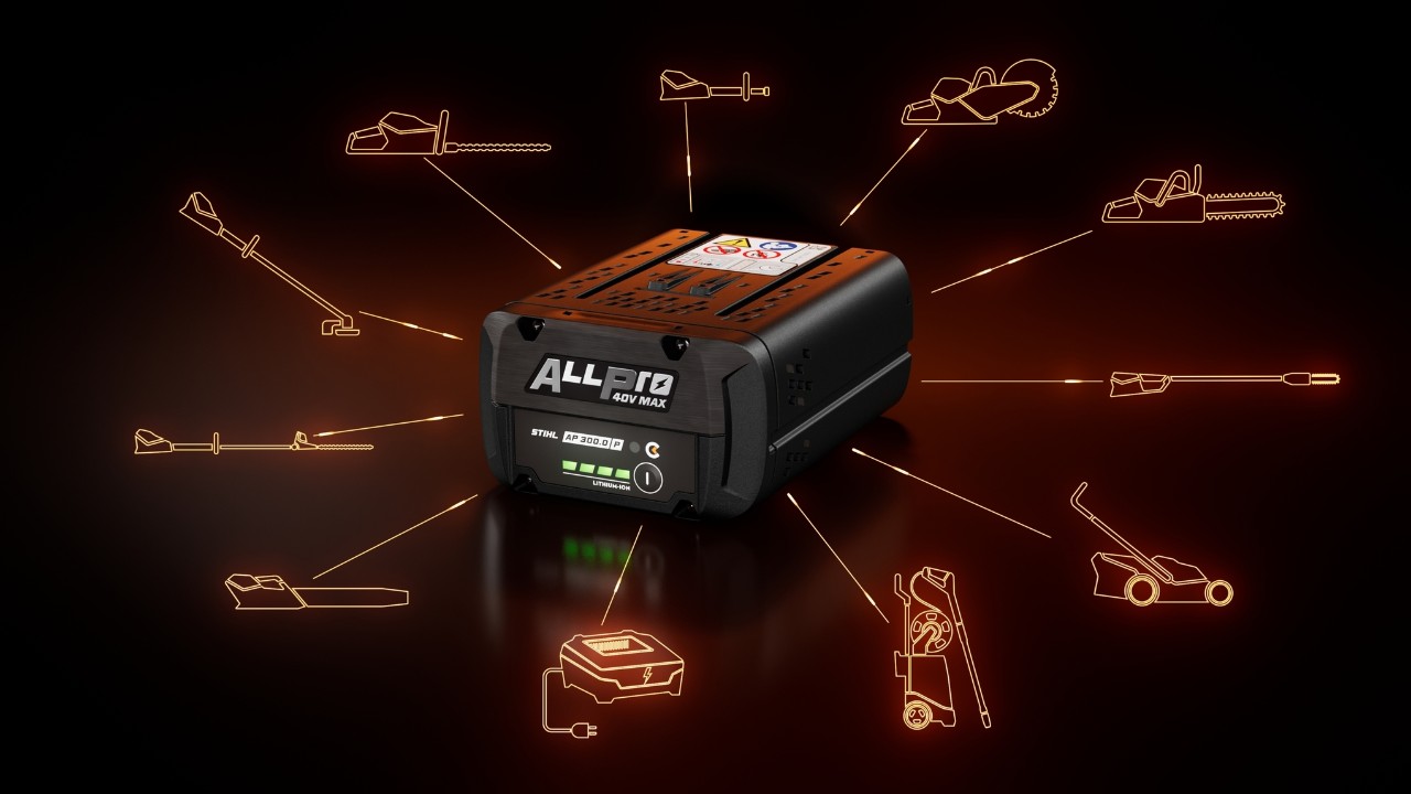 STIHL ALLPRO AP 300.0 P C Μπαταρία που περιβάλλεται από διάφορα εικονίδια συμβατών κατηγοριών προϊόντων