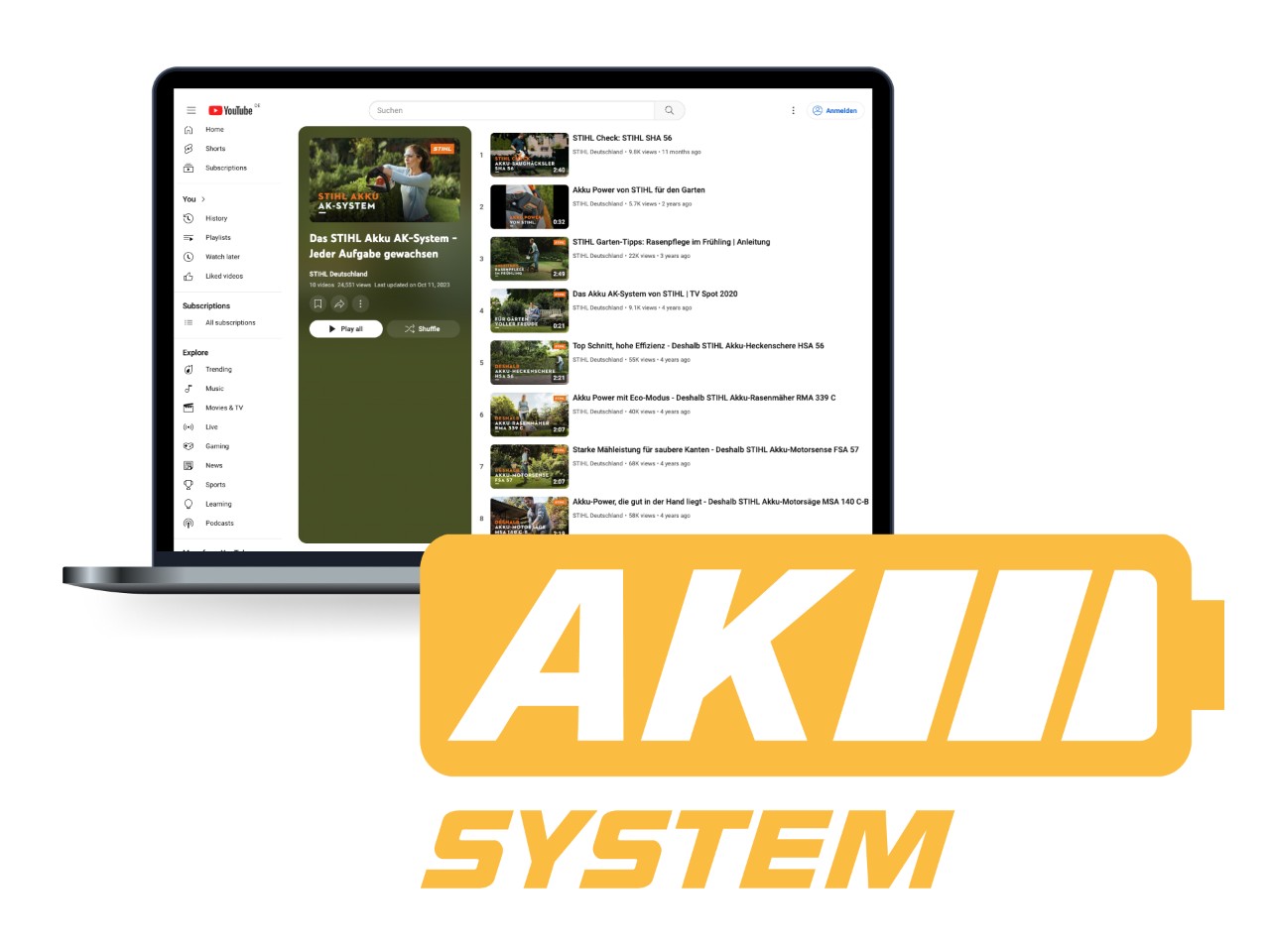Logo des AK-Systems von STIHL in Form eines gelben Akku-Icons, im Hintergrund ein Laptop